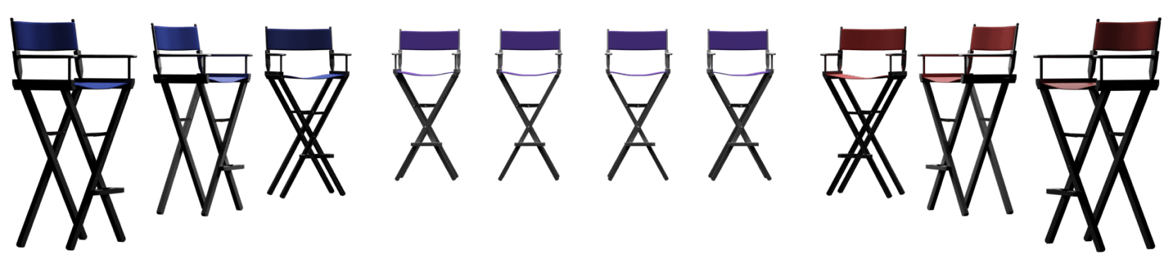 A row of purple directors chairs lined up in front of each other.