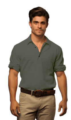 A man in a green shirt and brown pants.