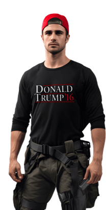A man wearing a black shirt with the words donald trump 1 6 on it.