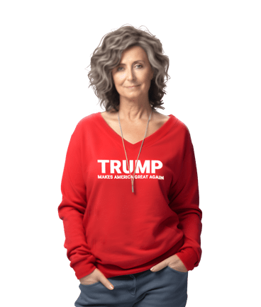 A woman wearing a red sweatshirt with the word " trump ".