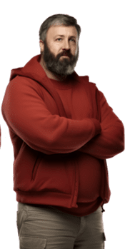 A man in red hoodie with his arms crossed.